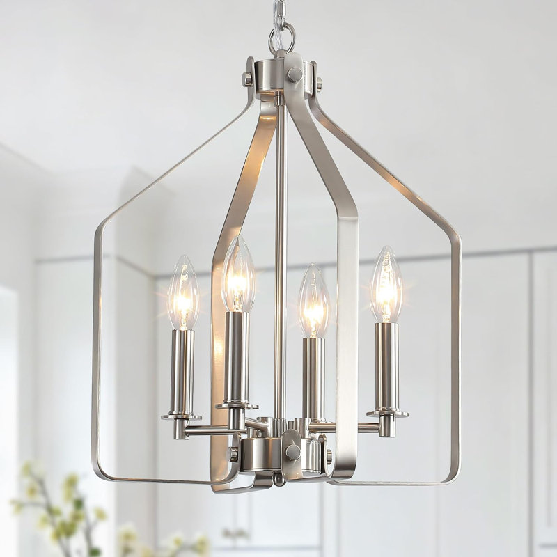 Lustre industriel géométrique à 4 lumières en nickel brossé pour salle à manger, Nickel brossé