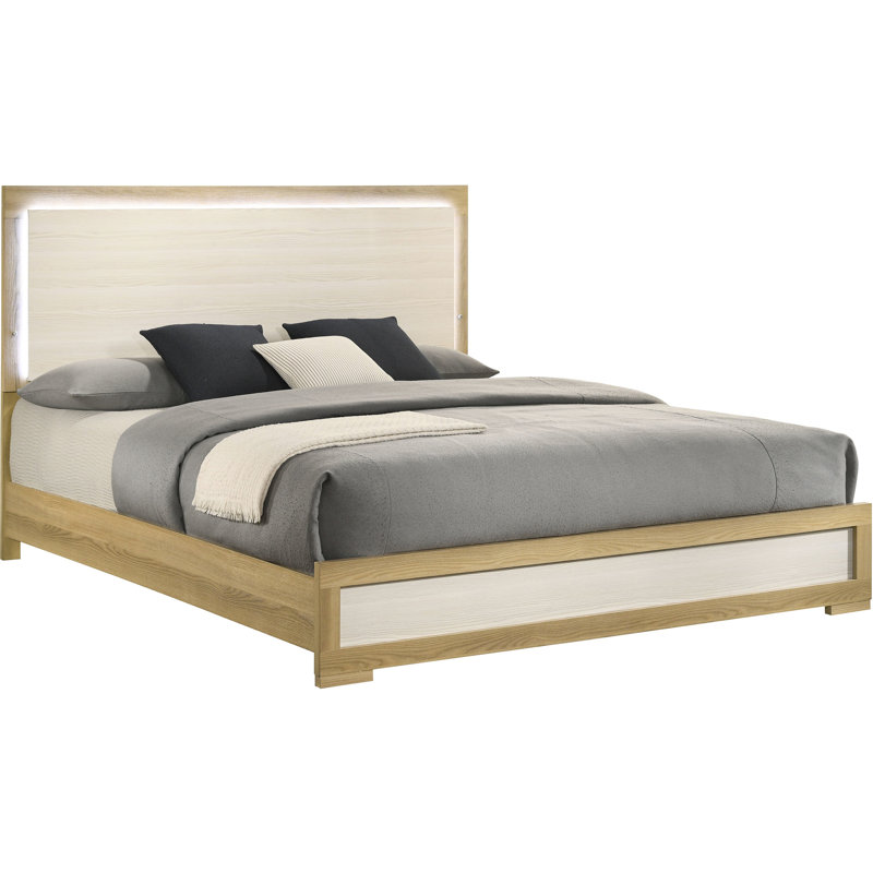 Très grand lit à panneau Eastern avec tête de lit à DEL naturelle, matériau, conception moderne et éclairage pour la chambre à coucher