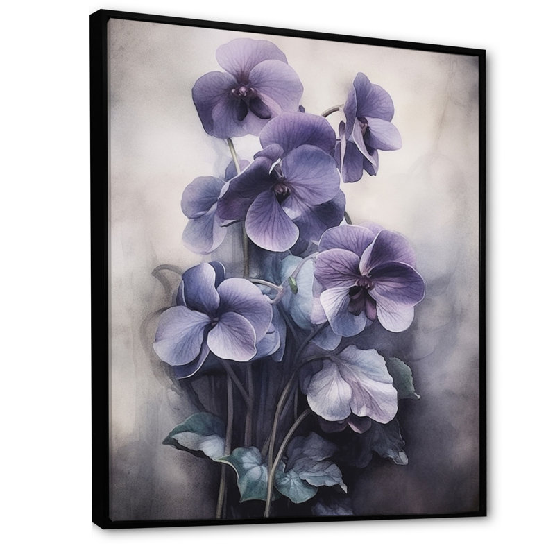 Mauve gris, violettes, rêve II - art mural floral, Cadre flottant noir, H 40 po x l 30 po x P 1,5 po