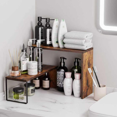 Organisateur de comptoir de cuisine, étagère à épices, étagère de rangement empilable, étagère de coin, rangement et rangement pour garde-manger, comptoir, station café en bois brun rustique
