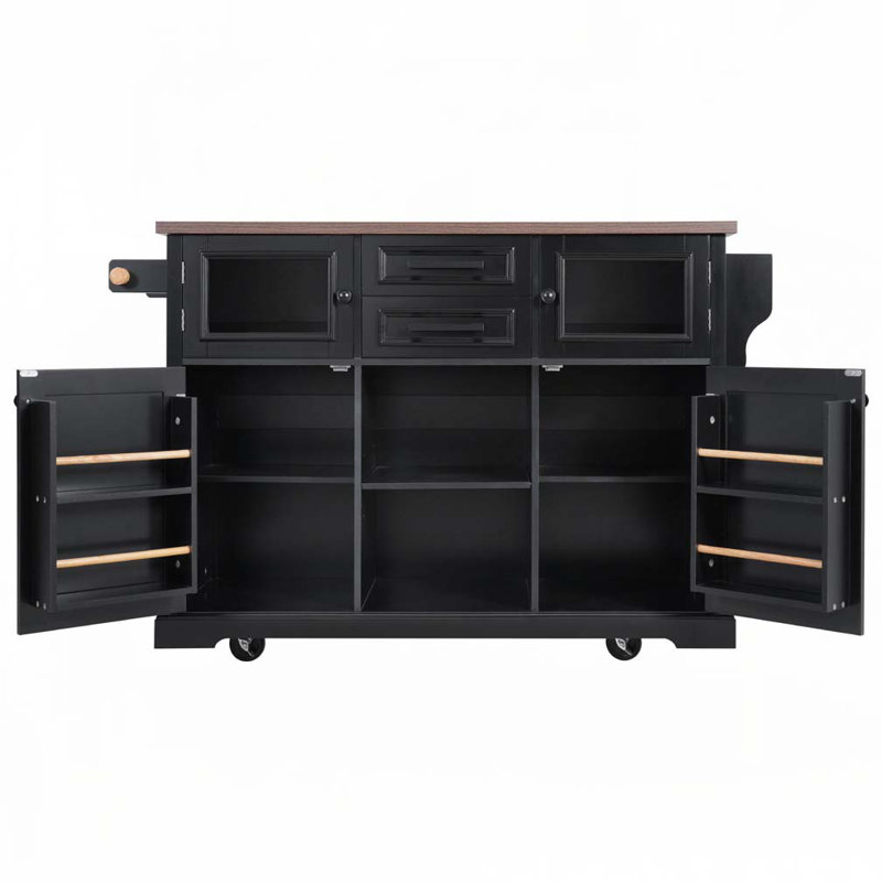 Kitchen Island with Drop Leaf, Power Outlet, Kitchen Storage Cart with 4 Door Shelves, Cross Barn Doors & Visual Glass Door, Rolling Kitchen Island on 4 Wheels for Kitchen