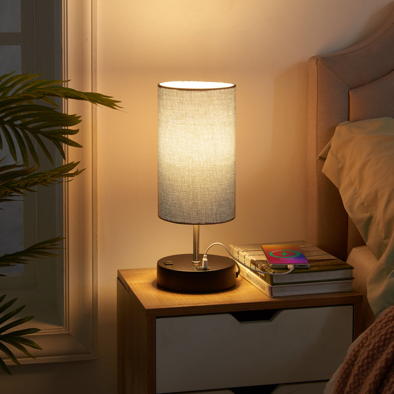Ensemble de 2 lampes de table 15 "avec base noire 15" avec abat-jour tambour en lin gris et ports de charge USB 15 "David
