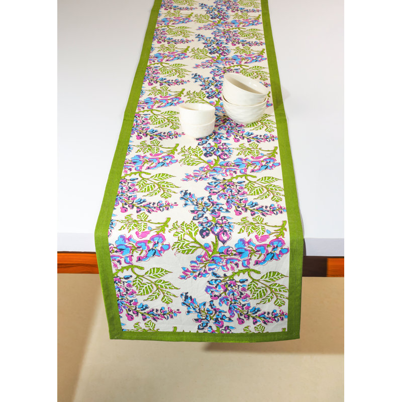 Bluebell Symphony Block Print Cotton Table Runner, Green/Blue