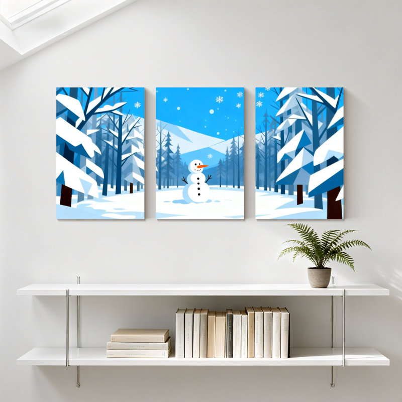 «Winter forest Snowy Forest Winter Scene with Snowman», ensemble de 3 impressions sur toile, H 24 po x l 48 po