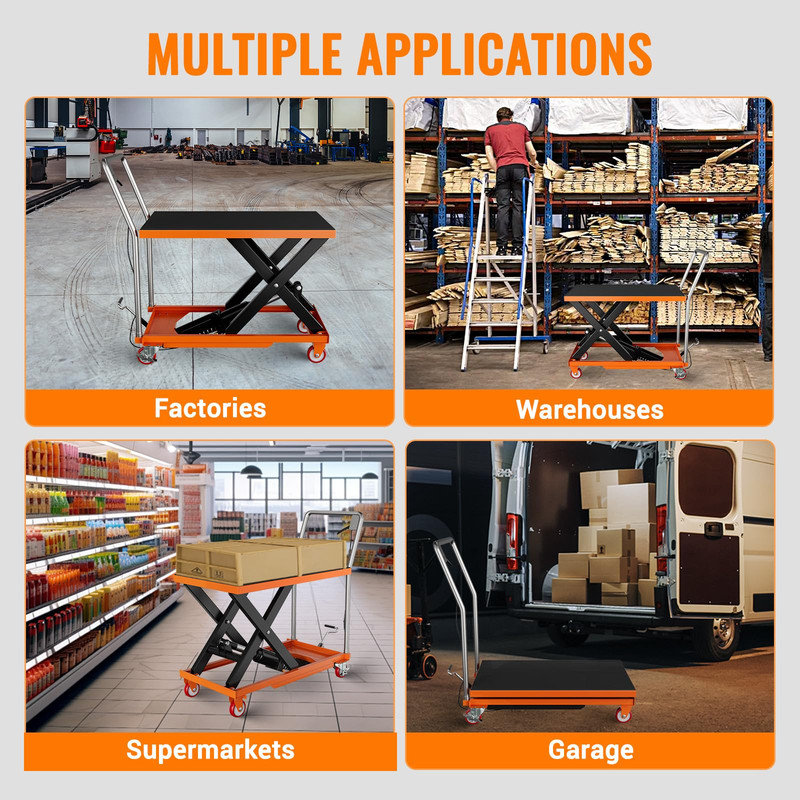 Chariot de table à levage manuel manuel, capacité de 500 lb, hauteur de levage maximale de 28,5 po, ciseaux simples avec patin antidérapant et 4 roues, orange