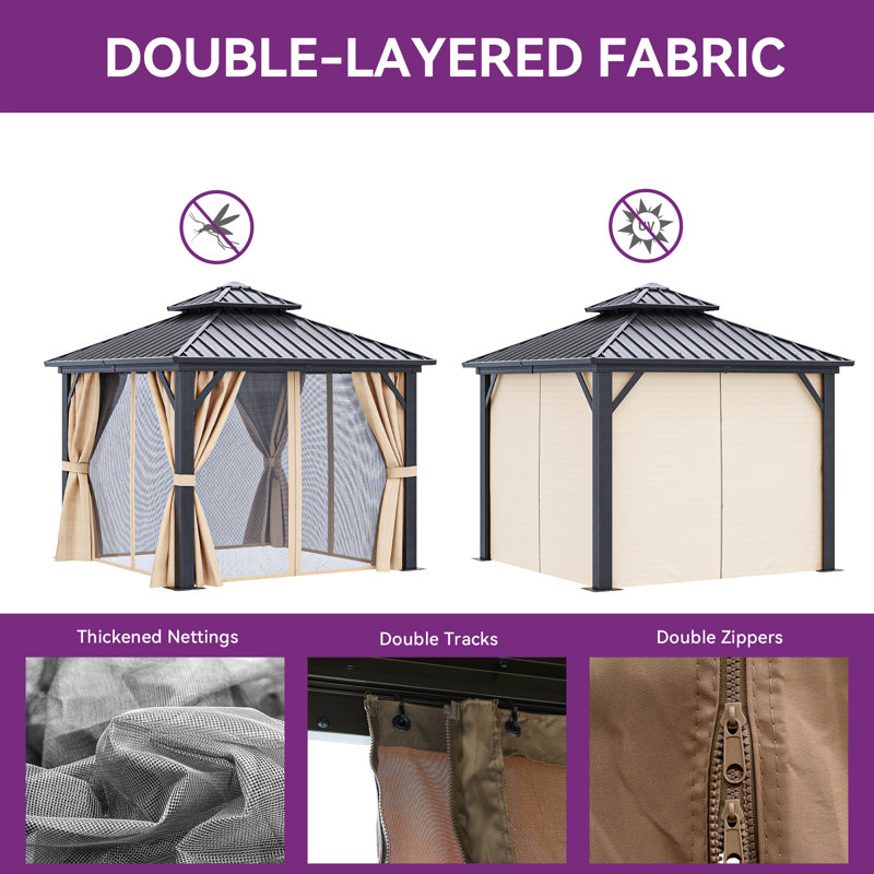Hardtop Double-Roofed Aluminum Patio Gazebo Multiple Sizes, 10 ft x 10 ft, Brown