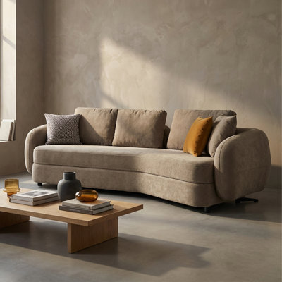 Luxe Contemporary Curved Sofa – Soft Rounded Arm Beige Upholstered Couch