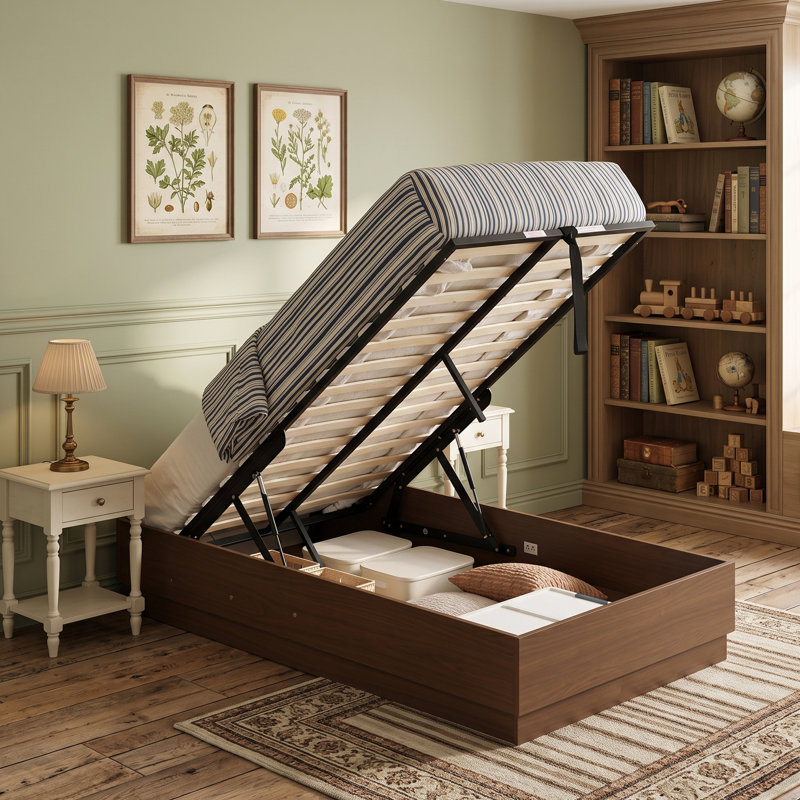 Lit plateforme moderne en bois sans tête de lit, avec sommier à gradins et rangement relevable, 1 place, couleur noyer.