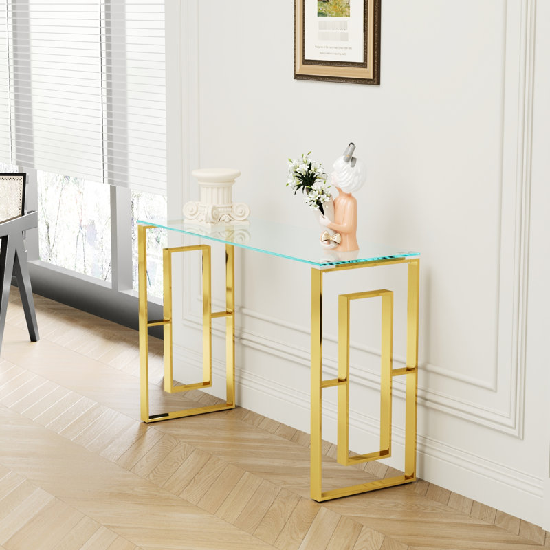 Console Modern Living - doré, pieds en acier inoxydable, verre doré transparent, ameublement transparent