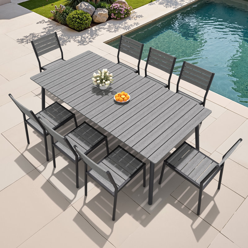 8-Person Aluminum Outdoor Dining Set With Umbrella Hole And Stackable Chairs, Gray