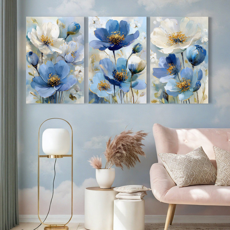 "Blue Floral", art mural, reproduction de peinture à l'huile (ensemble de 3), H 36 po x l 72 po
