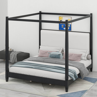 Canopy Platform Bed With Upholstery Headboard,With Wooden Slat Support Legs