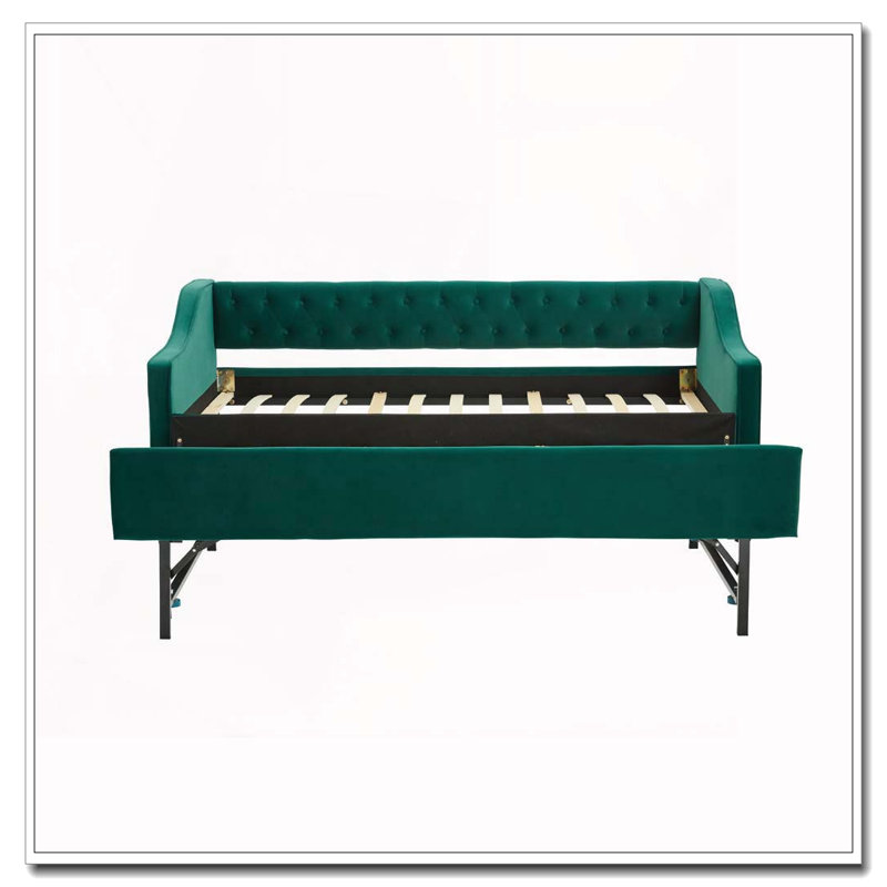 Upholstered Daybed with Trundle,USB Port ,Side Pockets,Velvet Daybed with Button on Back and Piping on Waved Shape Arms