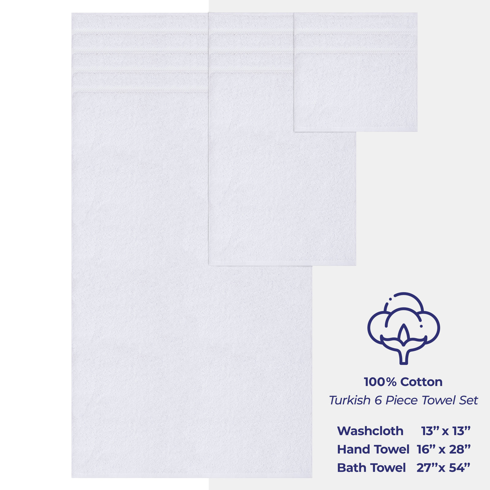 100% Cotton Premium Turkish Bath Towel Set, 6 Piece Super Soft and Absorbent Darcelle Collection, Bright White