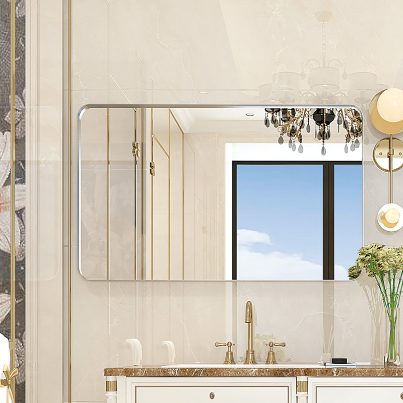 Miroir 36X30inch argent brillant pour la salle de bain et la maison - cadre en métal, coin arrondi, reflet HD, fixation murale étanche avec cadre à bord biseauté, imperméable, installation facile