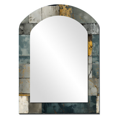 Rasheed Industrial Concrete Wall Illusion - Brick Arch Large Wall Mirror, Grey Asymmetrical Decorative Mirror, Printed Metal Art
