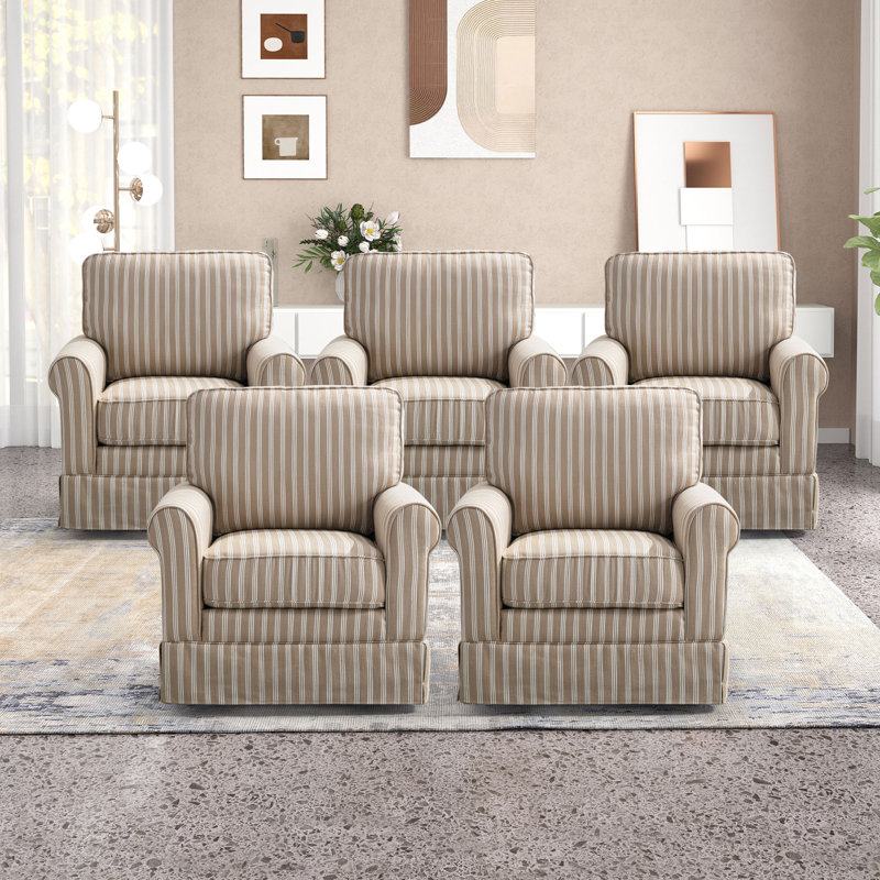 33"W Modern Linen Striped Swivel Upholstered Arm Accent Chair (Set of 5), Brown Fabric