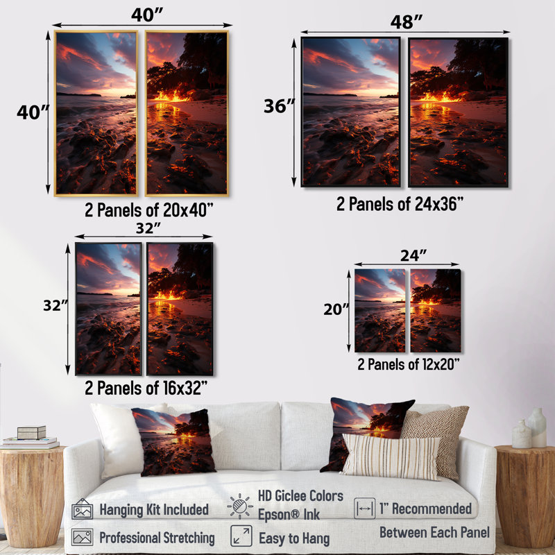 Décoration murale rose et orange bord de mer I - plage côtière côtière, 36" H x 48" W, Impression encadrée flottante, Black
