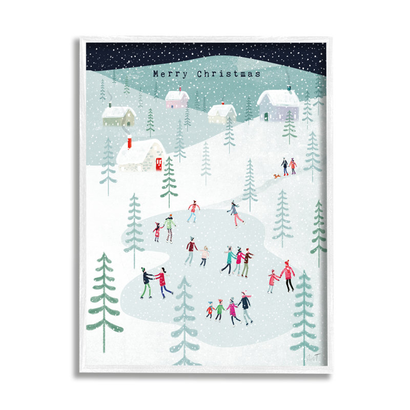 «Merry Christmas Winter Ice Skating» encadré sur bois par Andrew Thornton, impression, H 14 po x l 11 po x P 1,5 po