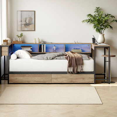 Corner Daybed Bed Frame Twin Size with Bookcase & 2 Storage Drawers, Modern Platform Bed with LED Lights & Charging Station, Reversible Left/Right Des