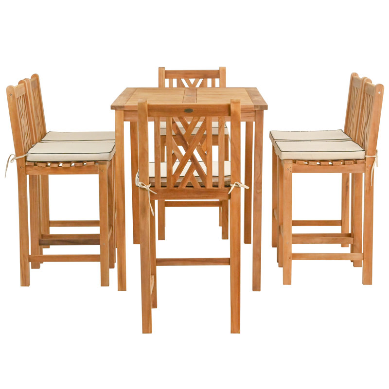Outdoor 7 - Piece Teak Bar Height Dining Set with Cushions, 63" L x 35.5" W x 43" H