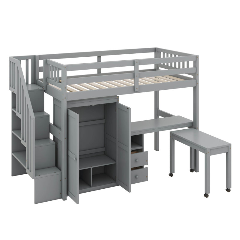Twin Size Loft Bed With Stairs, Bookshelf, Drawers, Desk And Wardrobe, Space-Saving Multifunctional Furniture For Kids And Teens