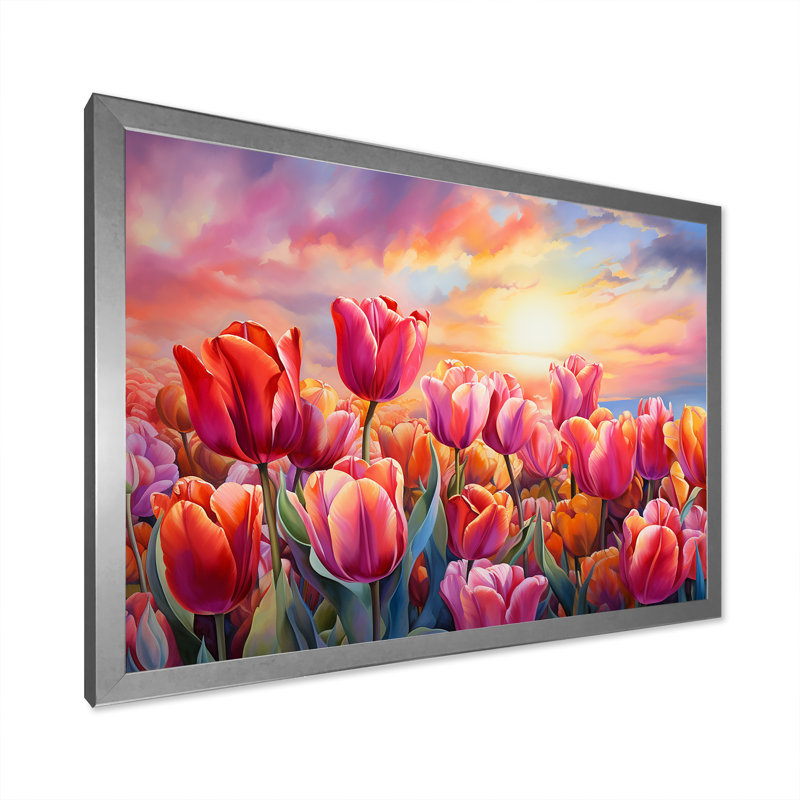 Tulipes au coucher du soleil III sur toile, Cadre simple argenté, H 12 po x l 20 po x P 1 po