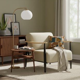 Modern Upholstered Reception Chair with Wood Armrests and Metal Legs for Waiting Room or Lounge