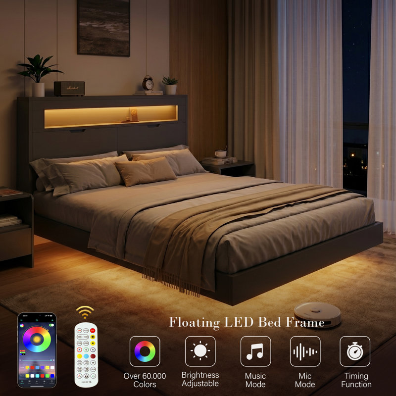 Queen Size Floating Bed Frame With LED Lights, Charging Station, No Box Spring Needed, Gray