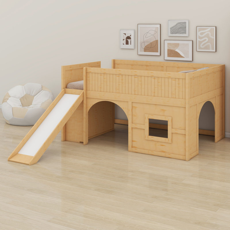 Functional Low Loft Bed With Slide And Built-In Shelves, Natural
