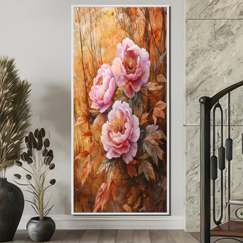 Pivoines et forêt d'automne II - pivoines, art mural, H 60 po x l 28 po, Reproduction avec cadre flottant, Blanc