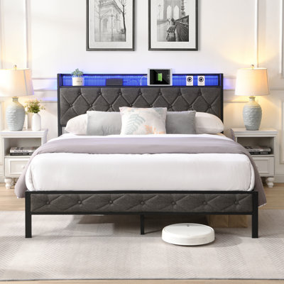 Upholstered Platform Bed Frame With Storage Headboard, Charging Station And LED Lights, Heavy Metal Slats, No Box Spring Needed, Noise Free, Easy Asse