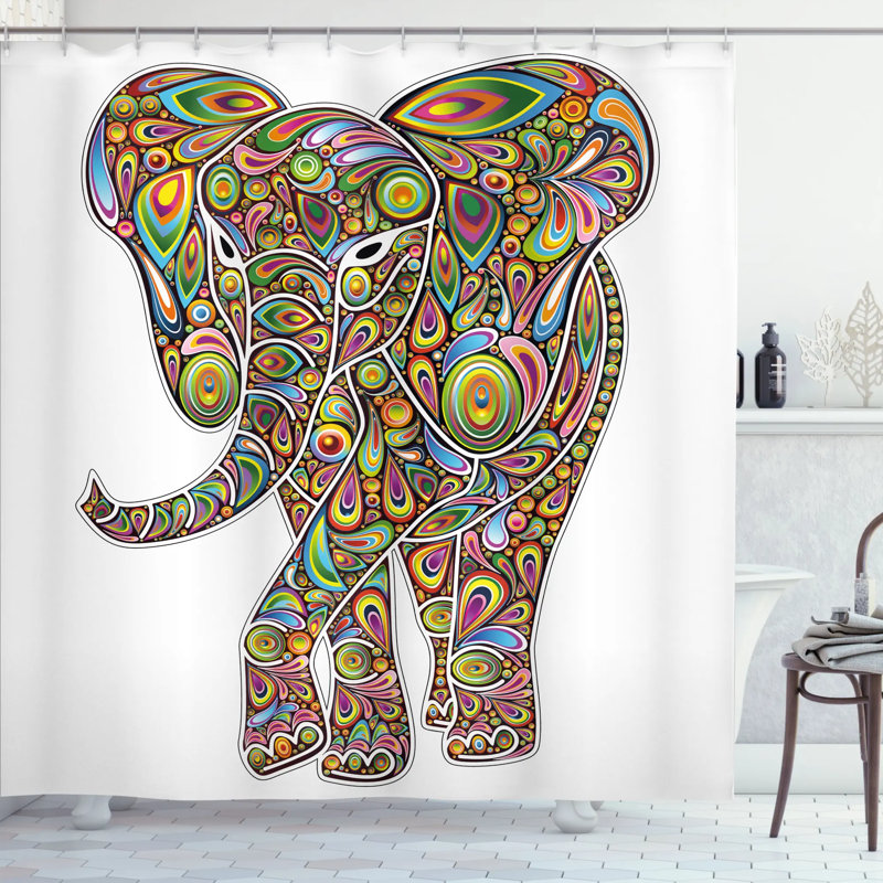 Rideau de douche à motif simple boho art savannah "avec éléphants indiens" Grace, H 84 po x l 69 po