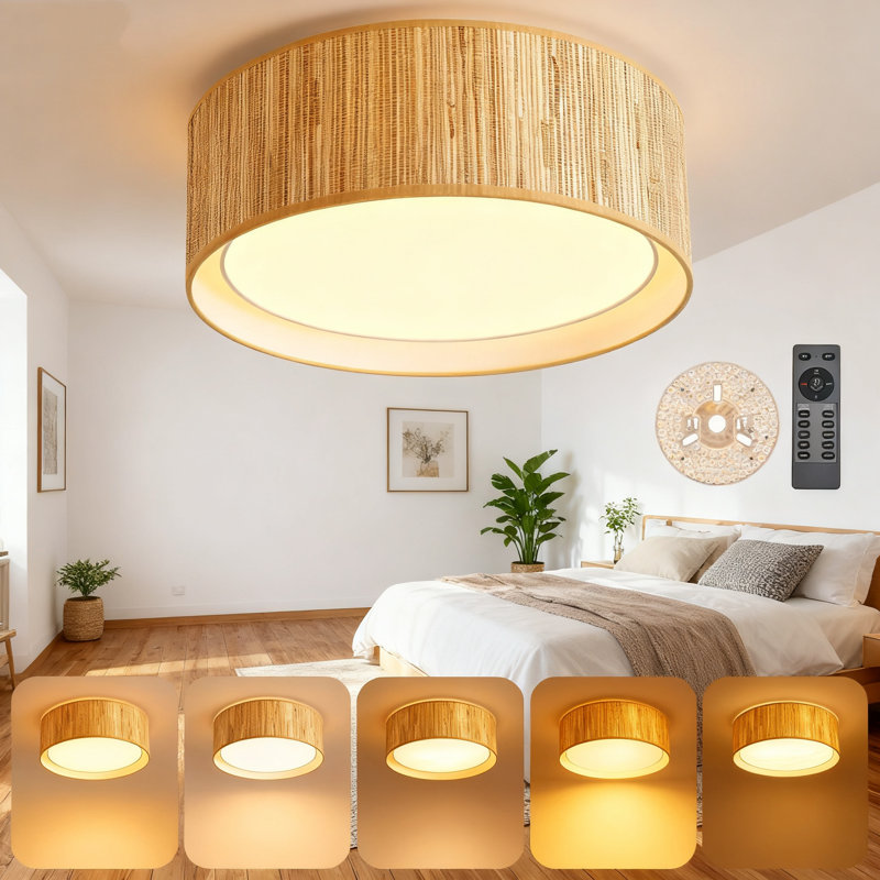 Plafonnier encastré à DEL 16 po avec télécommande à intensité variable, température de couleur réglable, rotin tissé à la main et double abat-jour en tissu pour le salon de la chambre à coucher