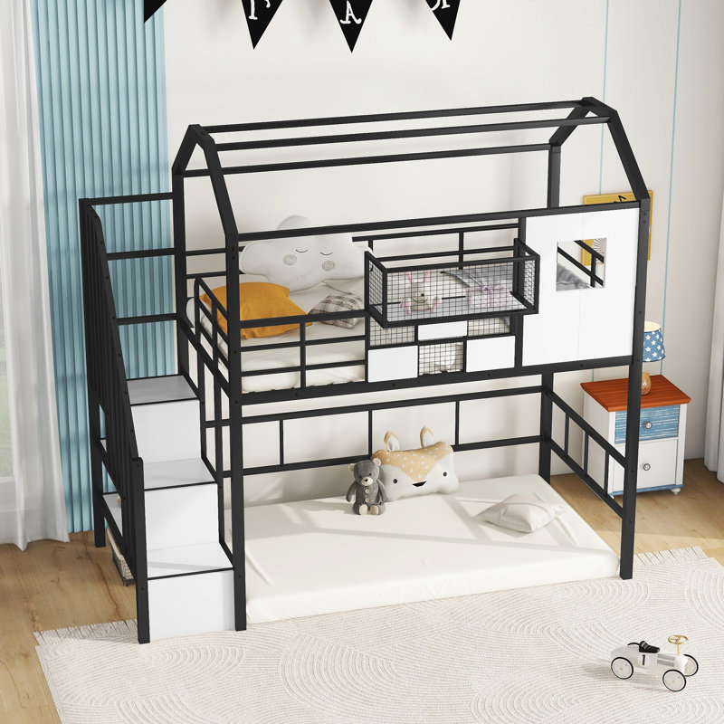 Lit mezzanine simple en acier avec toit et rangement, Noir