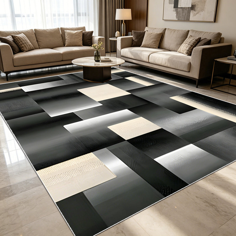 1PC Geometric Abstract Black Grey Beige Metallic Block Pattern area rugs for Living Room, Soft and Comfortable, Suitable for all seasons, easy-to-maintain, machine washable Indoor floor mat, Under Table Farmhouse suitable for dining table, bedroom,