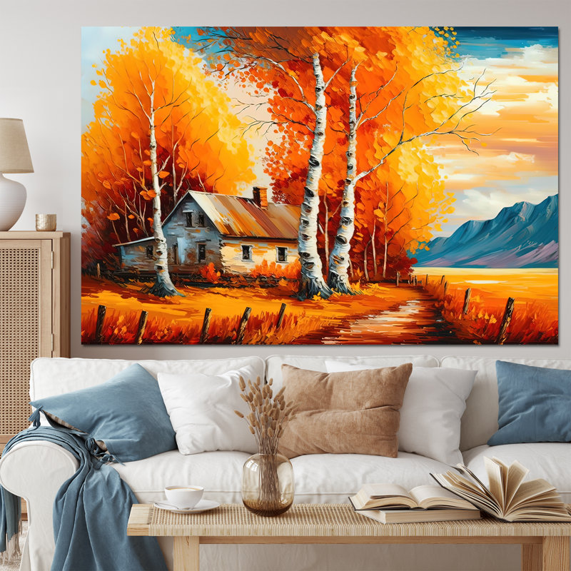 Petit chalet en automne III - paysage, art mural sur toile