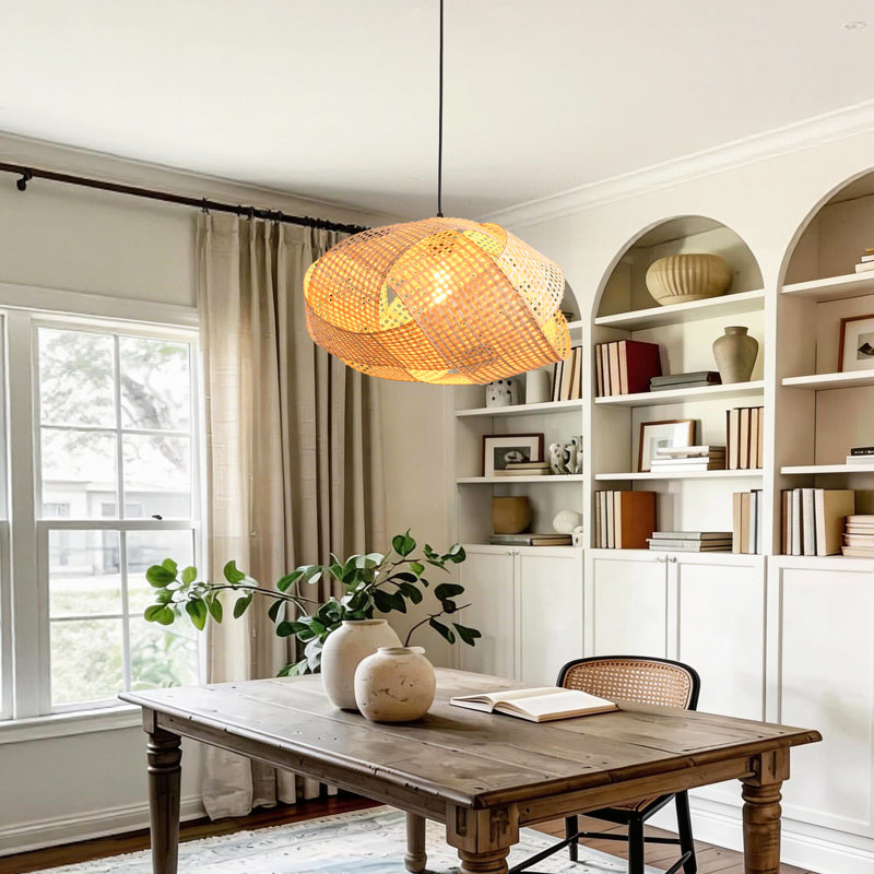 Bamboo Pendant Light, Natural Bamboo Shade, Iron Frame, Adjustable Height, E27 Socket, 50 Cm Diameter, For Dining Room Kitchen Island (Bulb Not Included)