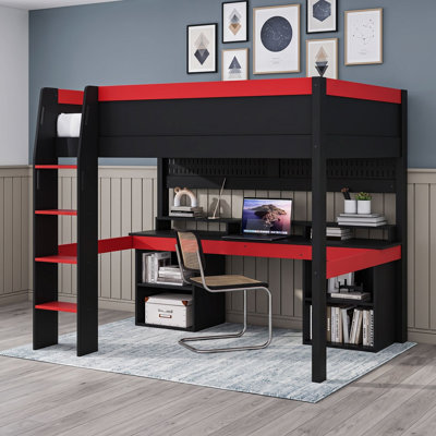 Full Size Gaming Loft Bed with Desk, LED Lights, and Storage Shelves