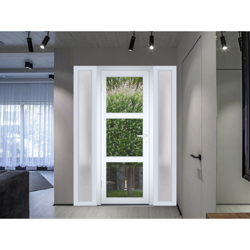 Front Exterior Prehung FiberGlass Door Clear Glass See-through / Manux 8555 White Silk Clear Glass / 2 Side and Top Exterior Window / Office Commercial and Residential Doors Entrance Patio Garage-W14+30+14" x H80+14"-Left-hand Inswing
