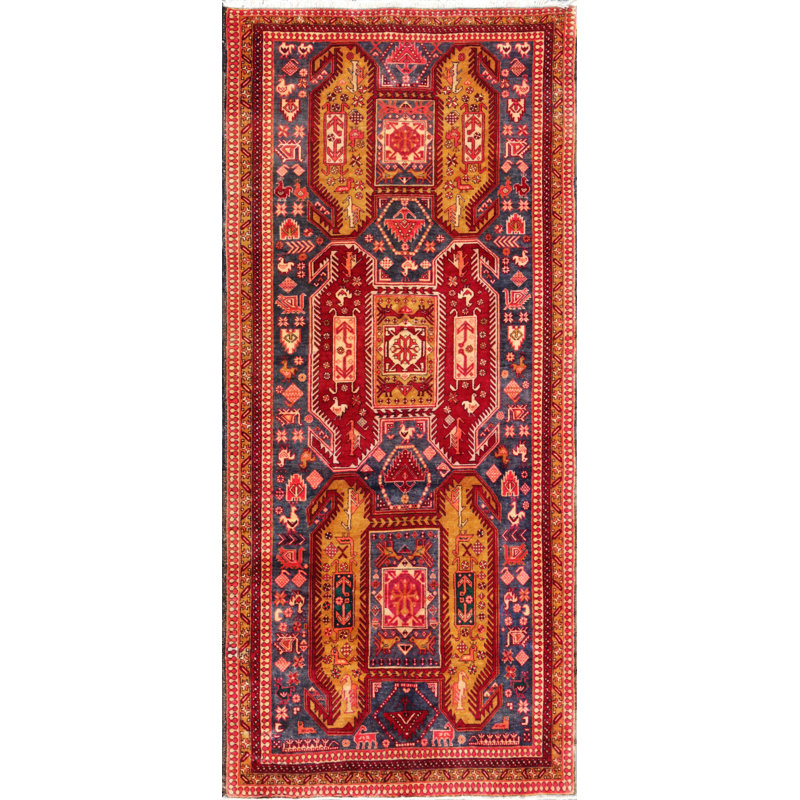 Vintage Red and Yellow Hand-Knotted Wool Runner Rug