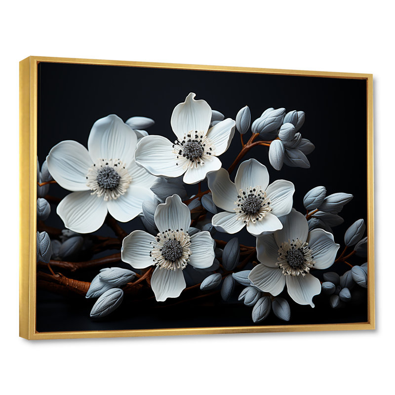 Dogwood Noir Reverie I sur toile, Cadre flottant doré, H 12 po x l 20 po x P 1 po