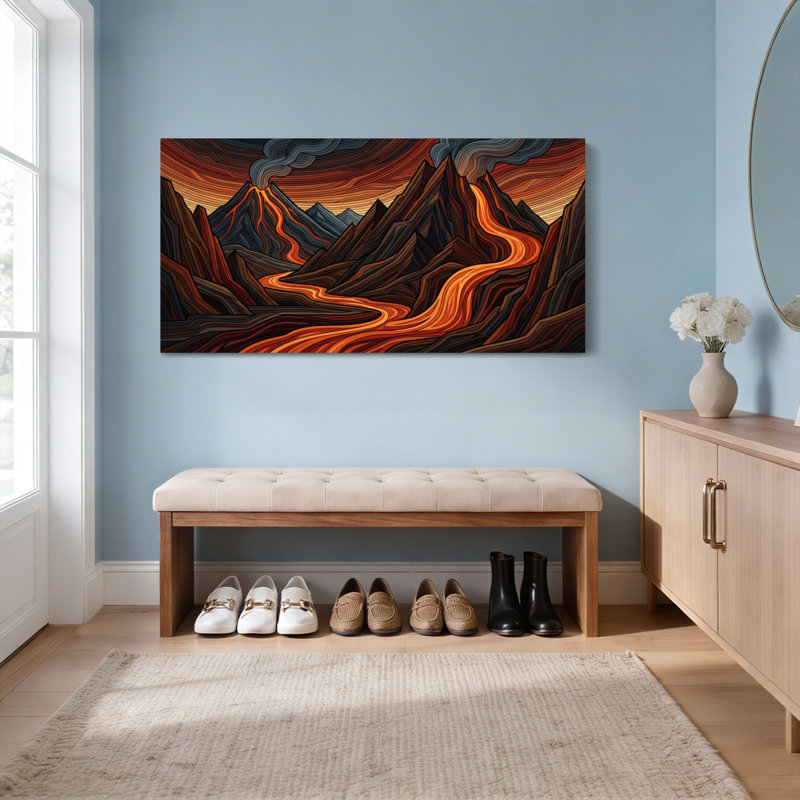 Ensemble de 1 tableau sur toile représentant un paysage volcanique avec coulée de lave, H 24 po x l 48 po