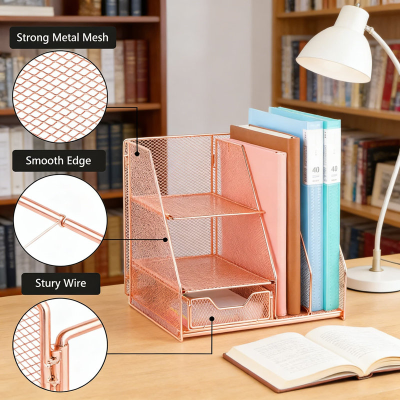 Organisateur de bureau en maille avec tiroir coulissant et plateau double, panier de fournitures de bureau multifonctionnel avec porte-documents et rangement pour stylos pour la maison et le bureau