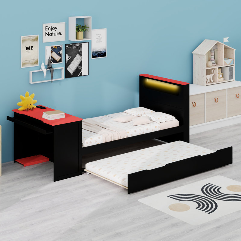 Daybed with Trundle, Desk, LED Light, Black+Red