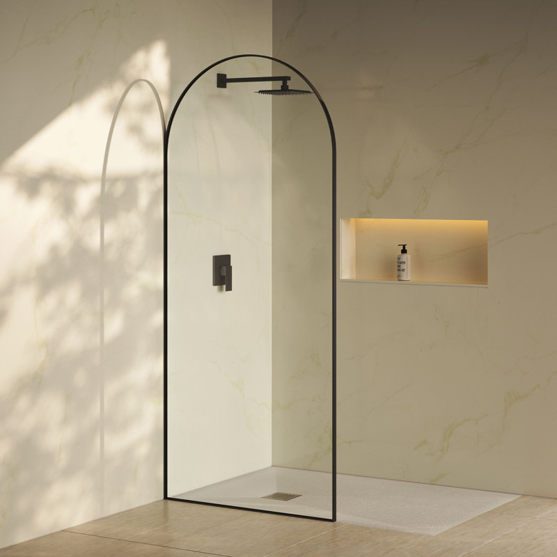 Porte 34 X 76 Framed Fixed 3/8 In. (10Mm) Clear Tempered Glass Shower Door With Black Matte Frame, Brushed Gold