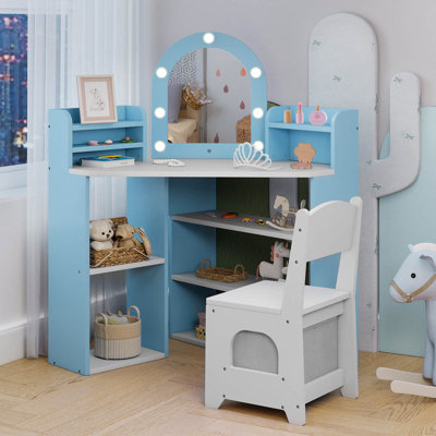 Corner Kids Vanity with Lights, 3 Storage Shelves, 5 Open Compartments, Accessories Blue + White