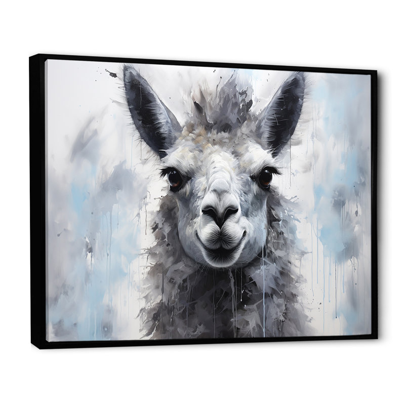 Portrait d'un lama gris sur toile, H 16 po x l 32 po x P 1 po, Cadre flottant noir