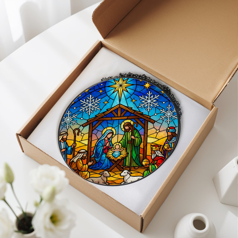 7.8"H Nativity Scene Stained Glass Window Panel, 7.8" H x 7.8" W