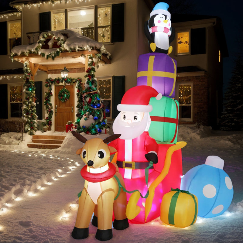 Inflatable Santa Claus On Sleigh With Reindeer And Penguin – 5.9 Feet Long With LED Lights